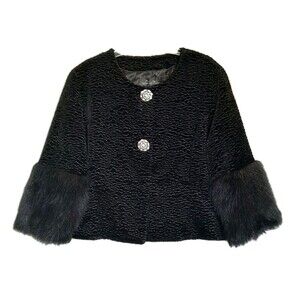 Donna Salyers Furs Faux Persian Lamb Fox Cuff Crop Jacket Black Rhinestones XL